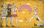  5girls animal_ears antlers arms_up belt black_eyes black_gloves black_hair black_legwear black_scarf black_shoes black_skirt blonde_hair bow breast_pocket brown_hair brown_shoes clenched_hand closed_mouth collared_shirt commentary_request common_raccoon_(kemono_friends) crack egyptian_art eyebrows_visible_through_hair fennec_(kemono_friends) fingerless_gloves fox_ears fox_tail from_side full_body fur_collar fur_trim gloves grey_hair grey_legwear grey_shirt grey_shorts hair_between_eyes head_wings highres kemono_friends kita_(7kita) legs_apart lion_(kemono_friends) lion_ears lion_tail loafers long_hair long_sleeves lying moose_(kemono_friends) moose_ears moose_tail multicolored_hair multiple_girls necktie on_back on_ground pantyhose paper_balloon pink_sweater plaid plaid_necktie plaid_skirt plaid_sleeves pleated_skirt pocket profile puffy_short_sleeves puffy_sleeves scarf shirt shoebill_(kemono_friends) shoes short_hair short_sleeves shorts skirt socks standing striped_tail sweater sweater_vest tail thigh-highs two-tone_hair white_necktie white_shirt white_shoes wing_collar yellow_background yellow_bow yellow_gloves yellow_skirt 