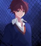  1boy bangs chain-link_fence citron_82 collared_shirt fate/prototype fate_(series) fence green_eyes looking_at_viewer male_focus parted_lips purple_hair rider_(fate/prototype) shirt smile solo sweater upper_body white_shirt 