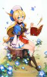  1girl black_legwear blonde_hair blue_eyes blue_flower blush book bosack breasts butterfly eyebrows_visible_through_hair kneehighs large_breasts long_hair long_sleeves looking_at_viewer open_book open_mouth original quill sitting smile solo tree_stump 