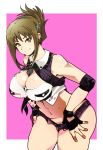  1girl ass black_gloves breasts brown_eyes cleavage fingerless_gloves folded_ponytail gloves highres kisaragi_chitose large_breasts looking_at_viewer midriff navel shin_guards shorts smile solo super_robot_wars sweat thighs uchiuchi_keyaki 