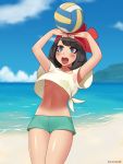  1girl :d arms_up artist_name ball bangs beach beach_volleyball beanie black_hair blue_eyes blue_sky blush breasts commentary cowboy_shot day eyebrows_visible_through_hair eyelashes floral_print green_shorts hat horizon kuroonehalf looking_up mizuki_(pokemon_sm) navel no_bra ocean open_mouth outdoors pokemon pokemon_(game) pokemon_sm red_hat round_teeth sand shirt short_hair short_sleeves shorts sky small_breasts smile solo standing stomach teeth thigh_gap tied_shirt tsurime under_boob water yellow_shirt 