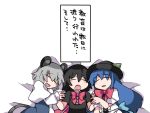  3girls =_= animal_ears black_hair blue_dress blue_hair blush blush_stickers-blush bow capelet commentary_request dress grey_hair hammer_(sunset_beach) hat hinanawi_tenshi houjuu_nue leaf long_hair mouse_ears mouse_tail multiple_girls nazrin open_mouth short_hair skirt smile tail touhou translation_request 
