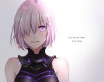  1girl arms_at_sides bangs closed_mouth copyright_name dated fate/grand_order fate_(series) lavender_hair lens_flare looking_at_viewer orii_(orii_i) portrait purple_hair shielder_(fate/grand_order) short_hair smile solo upper_body violet_eyes 