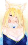  1girl animal_ears bare_shoulders blonde_hair blue_eyes breasts cleavage fox_ears hutaba_aoi large_breasts long_hair looking_at_viewer naomi_(sekai_no_hate_no_kissaten) one_eye_closed original solo upper_body 