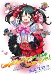  1girl \m/ ^_^ black_hair black_legwear bow choker closed_eyes double_\m/ earrings fingerless_gloves flat_chest gloves hair_bow idol jewelry jumping legs_together love_live! love_live!_school_idol_project nico_nico_nii over-kneehighs red_bow red_gloves shichii_jurio skirt smile solo thigh-highs twintails yazawa_nico 