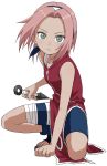  &gt;:( 1girl bandage bandaged_leg bare_arms bare_shoulders between_legs blue_shorts blush closed_mouth collarbone fighting_stance forehead full_body green_eyes hairband hand_between_legs haruno_sakura highres holding holding_weapon kunai looking_at_viewer naruto nose_blush one_knee pink_hair red_vest short_hair shorts solo toeless_boots toes vest weapon white_hairband yamamoto_souichirou zipper 