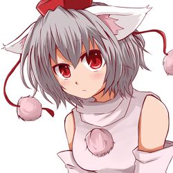  1girl :&lt; animal_ears bangs blush breasts closed_mouth detached_sleeves grey_hair hat inubashiri_momiji looking_at_viewer medium_breasts red_eyes shirt short_hair sleeveless sleeveless_shirt solo tokin_hat touhou upper_body white_shirt wolf_ears yasui_nori 