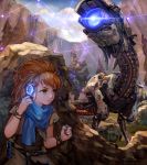  1girl aloy_(horizon) bracelet glowing grass green_eyes hairband hiding highres horizon_zero_dawn jewelry lf_(paro) robot rock scarf serious tree younger 