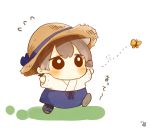  1girl artist_name brown_hair butterfly chibi eyebrows_visible_through_hair flying_sweatdrops geta hair_between_eyes hakama hat ina_(1813576) japanese_clothes kaga_(kantai_collection) kantai_collection kimono long_hair no_mouth running side_ponytail solo translated 