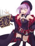  1girl ;d bare_shoulders belt beret book coat detached_collar fate/grand_order fate_(series) frills hand_on_hip hat helena_blavatsky_(fate/grand_order) one_eye_closed open_book open_clothes open_coat open_mouth purple_hair purple_legwear short_hair smile solo teeth thigh-highs uraha violet_eyes 