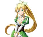  1girl :d blonde_hair bracelet breasts choker cleavage collarbone green_eyes hair_between_eyes hair_ornament hands_together high_ponytail jewelry large_breasts leafa long_hair looking_at_viewer open_mouth pointy_ears smile solo standing sword_art_online transparent_background very_long_hair 