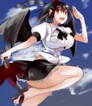 1girl arm_up bare_legs black_bow black_bowtie black_hair black_skirt black_wings blue_sky blush bow bowtie breasts buttons clouds collared_shirt day dress_shirt fan flying frilled_skirt frills geta hat hizagawa_rau holding holding_fan large_breasts legs no_socks one_leg_raised pointy_ears pom_pom_(clothes) puffy_short_sleeves puffy_sleeves red_eyes red_hat round_teeth salute shameimaru_aya shirt short_hair short_sleeves skirt sky solo tareme teeth thighs tokin_hat touhou white_shirt wing_collar wings 