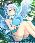  +_+ 1girl angel_wings ass black_ribbon blue_eyes blush board bracelet cross eyebrows_visible_through_hair falkyrie_no_monshou hairband jewelry looking_at_viewer natsumekinoko official_art partially_submerged ribbon short_hair silver_hair solo swimsuit wings 