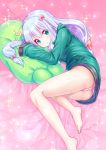  1girl absurdres asakishoten barefoot blue_hair bow eromanga_sensei green_eyes green_jacket hair_bow highres izumi_sagiri jacket legs long_hair looking_at_viewer lying panties pantyshot pantyshot_(lying) pink_bow pink_panties solo stuffed_animal stuffed_bird stuffed_toy underwear 