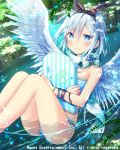  +_+ 1girl angel_wings ass black_ribbon blue_eyes blush board bracelet cross eyebrows_visible_through_hair falkyrie_no_monshou hairband jewelry looking_at_viewer natsumekinoko official_art partially_submerged ribbon short_hair silver_hair smile solo swimsuit wings 