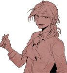  1boy collared_shirt edmond_dantes_(fate/grand_order) fangs fate/grand_order fate_(series) hand_up holding long_sleeves looking_at_viewer male_focus monochrome parted_lips ponytail shirt simple_background smile solo upper_body uraha wavy_hair white_background 