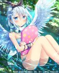  +_+ 1girl angel_wings ass black_ribbon blue_eyes blush board bracelet cross eyebrows_visible_through_hair falkyrie_no_monshou hairband jewelry looking_at_viewer natsumekinoko official_art parted_lips partially_submerged ribbon short_hair silver_hair solo swimsuit wings 