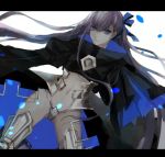  1girl armor armored_boots bangs black_coat blue_eyes blue_ribbon boots closed_mouth crotch_plate dutch_angle eyebrows_visible_through_hair fate/extra fate/extra_ccc fate/grand_order fate_(series) floating_hair hair_ribbon highres juliet_sleeves legs_apart letterboxed long_hair long_sleeves looking_at_viewer meltlilith navel puffy_sleeves purple_hair revealing_clothes ribbon shiyunoa smile solo thighs 