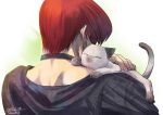  1boy animal animal_on_shoulder cat choker dated from_behind petting redhead shichii_jurio signature solo the_king_of_fighters twitter_username yagami_iori 