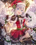  1girl angel_wings bell black_bow black_gloves black_legwear black_ribbon blue_eyes blush bow breasts christmas christmas_wreath cleavage cross cross_hair_ornament cross_necklace eyebrows_visible_through_hair falkyrie_no_monshou flower gloves green_bow hair_ornament hat jewelry large_breasts looking_at_viewer mistletoe natsumekinoko necklace official_art open_mouth red_hat ribbon sack santa_costume santa_hat short_hair silver_hair smile snowman solo thigh-highs wings wreath 