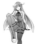  1girl :p ass boots breasts greyscale hair_over_one_eye hayashimo_(kantai_collection) kantai_collection long_hair looking_at_viewer monochrome panties panties_under_pantyhose pantyhose sitting smile solo tongue tongue_out underwear very_long_hair yoshika_fuumi 