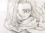  1girl android_18 dragon_ball dragonball_z hair_over_one_eye looking_at_viewer monochrome scarf short_hair simple_background solo tkgsize traditional_media 