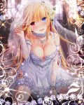  1girl blonde_hair blue_eyes blush bracelet breasts bridal_veil bride cleavage dress earrings eyebrows_visible_through_hair falkyrie_no_monshou fang flower hair_flower hair_ornament heterochromia jewelry large_breasts lifted_by_self long_hair looking_at_viewer natsumekinoko necklace official_art open_mouth red_eyes seiza sitting skirt smile solo sweat sweatdrop thigh-highs veil wedding wedding_dress white_legwear 