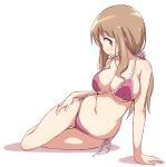  1girl arm_support bikini breasts cleavage eyebrows_visible_through_hair gluteal_fold hair_ornament hair_scrunchie hand_on_own_thigh large_breasts light_brown_eyes light_brown_hair low_ponytail matsumoto_yoriko mel_(melty_pot) navel pink_bikini profile scrunchie side-tie_bikini sidelocks simple_background sitting solo strap_gap string_bikini sweatdrop swimsuit white_background yokozuwari yuyushiki 