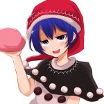  1girl :d blue_eyes blue_hair blush capelet doremy_sweet dream_soul hat jitome looking_at_viewer nightcap open_mouth pom_pom_(clothes) short_hair smile smug solo touhou upper_body yasui_nori 