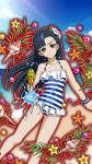  1girl beach black_hair blush breasts brown_eyes casual_one-piece_swimsuit collarbone covered_navel day floating_hair flower gun hair_flower hair_ornament holding holding_gun holding_weapon long_hair one-piece_swimsuit outdoors owari_no_seraph small_breasts solo standing striped striped_swimsuit sweatdrop swimsuit very_long_hair water_gun weapon white_flower yukimi_shigure 