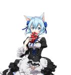  1girl animal_ears apron blue_eyes blue_flower blue_hair blue_ribbon box cat_ears covering_mouth flower hair_between_eyes hair_flower hair_ornament hair_ribbon holding holding_box looking_at_viewer maid ribbon shinon_(sao-alo) short_hair solo standing sword_art_online transparent_background white_apron 