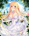  1girl blonde_hair blue_eyes blush bracelet breasts bride cleavage dress earrings elbow_gloves eyebrows_visible_through_hair falkyrie_no_monshou gloves heterochromia jewelry large_breasts lifted_by_self long_hair looking_at_viewer natsumekinoko necklace official_art parted_lips red_eyes skirt skirt_lift solo thigh-highs wedding wedding_dress white_gloves white_legwear 