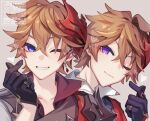  2boys azuma_(azuma10270724) bangs black_gloves blue_eyes brown_hair closed_mouth commentary_request crossed_bangs dual_persona earrings genshin_impact gloves grey_background grin hair_between_eyes heart jacket jewelry looking_at_viewer male_focus mask mask_on_head multiple_boys one_eye_closed portrait red_scarf scarf simple_background single_earring smile tartaglia_(genshin_impact) twitter_username violet_eyes watermark 