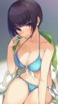  1girl bandage bangs bikini black_hair blue_bikini blunt_bangs blush breasts cleavage eromanga_sensei front-tie_top highres hym9594 jacket large_breasts looking_at_viewer navel open_clothes open_jacket senju_muramasa short_hair side-tie_bikini simple_background solo swimsuit violet_eyes 