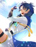  1boy :d blue_hair blue_sky cape clenched_hand dutch_angle fang feathers hair_feathers highres lens_flare looking_at_viewer male_focus open_mouth shorts sky smile solo sparkle taikogane_sadamune tassel touken_ranbu ujou yellow_eyes 