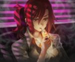  1girl aozaki_touko cigarette jewelry kara_no_kyoukai long_hair necklace ponytail red_eyes redhead smoke smoking solo visqi 