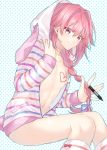  1boy androgynous animal_hood blush braid bunny_hood citron_82 fate/apocrypha fate/grand_order fate_(series) hair_ribbon heart highres hood hoodie long_hair looking_at_viewer male_focus marker naked_hoodie pink_hair polka_dot polka_dot_background ribbon rider_of_black single_braid smile solo striped_hoodie sweater trap violet_eyes 