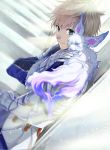  1boy armor bangs blonde_hair closed_mouth dutch_angle eyebrows_visible_through_hair fate/grand_order fate/prototype fate_(series) fou_(fate/grand_order) green_eyes light_rays male_focus on_shoulder saber_(fate/prototype) sakurai_(poyo) smile solo sunbeam sunlight 