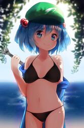  1girl akisha bikini black_bikini blue_eyes blue_hair cowboy_shot hair_bobbles hair_ornament halter_top halterneck hat highres holding kawashiro_nitori looking_at_viewer off_shoulder smile solo standing string_bikini swimsuit touhou two_side_up wrench 