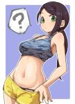  1girl ? bare_shoulders black_hair black_panties breasts camouflage_shirt closed_mouth commentary_request eyebrows_visible_through_hair gazacy_(dai) green_eyes hair_tie highres idolmaster idolmaster_cinderella_girls large_breasts long_hair looking_at_viewer navel panties ponytail pulled_by_self short_shorts shorts shorts_pull solo sports_bra standing underwear yamato_aki yellow_shorts 
