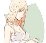  1girl bare_shoulders blonde_hair breasts camisole cleavage curly_hair fingers_together jewelry looking_at_viewer medium_breasts ogros original ring simple_background solo upper_body violet_eyes 
