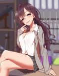  1girl :d blue_eyes blush breasts brown_hair cleavage dress_shirt earrings finger_to_mouth head_tilt highres ichinose_shiki idolmaster idolmaster_cinderella_girls jacket jar jewelry kuroshiro_(ms-2420) large_breasts legs_crossed long_hair looking_at_viewer o open_clothes open_jacket open_mouth pleated_skirt shirt sitting skirt smile solo wavy_hair 