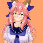  1girl animal_ears bad_id bad_pixiv_id breasts collarbone fate/extra fate/grand_order fate_(series) fox_ears hair_ribbon large_breasts looking_at_viewer orange_background panakusu pink_hair ribbon school_uniform simple_background solo tamamo_(fate)_(all) tamamo_no_mae_(fate) yellow_eyes 