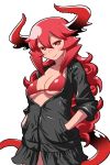  1girl black_skirt breasts demon_girl demon_horns demon_tail hands_in_pockets highres horns long_hair maou_beluzel matsuda_yuusuke medium_breasts red_bikini_top red_eyes redhead skirt smile solo swimsuit swimsuit_under_clothes tail under_boob yuusha_to_maou 