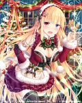  bell black_legwear blonde_hair blue_eyes blush bow breasts christmas christmas_ornaments christmas_tree christmas_wreath cleavage detached_sleeves eyebrows_visible_through_hair falkyrie_no_monshou fang green_ribbon hand_on_hip hat headdress heterochromia large_breasts long_hair looking_at_viewer natsumekinoko official_art open_mouth red_bow red_eyes red_hat red_ribbon ribbon santa_costume santa_hat smile stuffed_animal stuffed_fox stuffed_toy teddy_bear thigh-highs wreath 