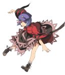  1girl beret black_skirt blue_eyes blue_hair boots brown_boots cross-laced_footwear full_body hasebe_yuusaku hat jiangshi lace-up_boots long_sleeves looking_at_viewer miyako_yoshika ofuda outstretched_arms red_shirt shirt short_hair skirt smile solo spread_arms star touhou wide_sleeves zombie_pose 