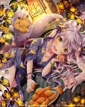  1girl animal animal_ears blue_kimono blush bracelet breasts cleavage eyebrows_visible_through_hair falkyrie_no_monshou flower food fox fox_ears fox_tail green_eyes grey_hair holding holding_food japanese_clothes jewelry kimono large_breasts looking_at_viewer lying natsumekinoko official_art on_side open_mouth plate smile tail yukata 