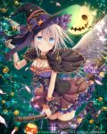  1girl adjusting_clothes adjusting_hat black_hat blue_eyes blush bow breasts broom broom_riding eyebrows_visible_through_hair falkyrie_no_monshou halloween hat jack-o&#039;-lantern large_breasts looking_at_viewer natsumekinoko official_art pumpkin purple_bow short_hair silver_hair smile solo witch_hat 