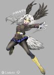 1girl bald_eagle_(kemono_friends) belt bird_tail bird_wings black_boots black_jacket black_legwear black_wings blonde_hair blue_skirt blush boots breast_pocket breasts buttons character_name eyebrows_visible_through_hair feathered_wings full_body gloves gradient_boots gradient_footwear grey_hair hair_between_eyes head_wings highres jacket kemono_friends knee_boots large_breasts long_hair long_sleeves military military_jacket military_uniform mucchiri_shiitake multicolored_boots multicolored_hair open_mouth outstretched_arm pantyhose pleated_skirt pocket simple_background skirt solo speed_lines tail teeth twitter_username uniform upper_teeth white_belt white_gloves white_hair white_tail wings yellow_boots yellow_eyes 