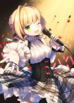  1girl ahoge blonde_hair blush fate/extra fate/extra_ccc fate_(series) green_eyes highres looking_at_viewer microphone munuko one_eye_closed saber_extra smile solo 